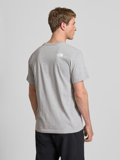 Männermodel trägt Regular Fit T-Shirt mit Logo-Print Modell 'Evolution' von The North Face aus Baumwoll-Mix, grau, Rückansicht, Ganzkörperansicht.