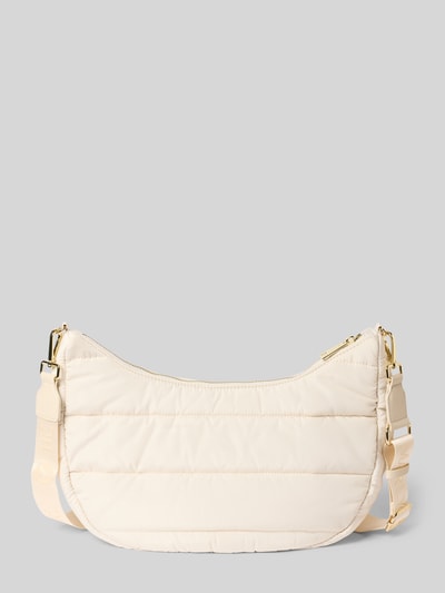 Produktfoto, Halfmoon Bag mit Label-Detail Modell 'Lifetime Buddy M' von Hey Marly in Creme, gesteppte Oberfläche, goldfarbener Reißverschluss, verstellbarer Schultergurt, Hauptfach mit Reißverschluss, Reißverschlussfach innen, Breite 43 cm, Länge 21 cm, Tiefe 12 cm, Länge Schulterriemen 53 cm