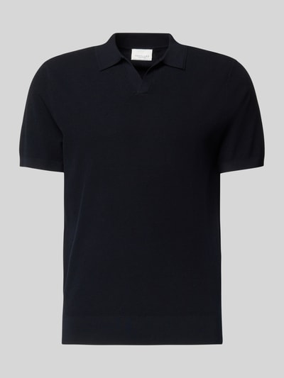 Produktfoto, Regular Fit Poloshirt aus Lyocell-Mix mit Seiden-Anteil von Profuomo, dunkelblau mit Strukturmuster, V-Ausschnitt, Kurzarm.