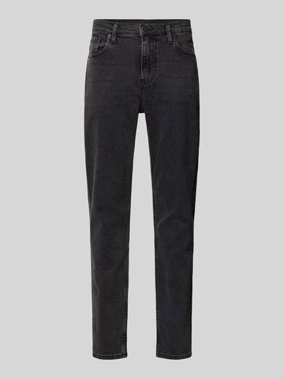 Produktfoto, schwarze Straight Fit Jeans aus Baumwoll-Lyocell-Mix Modell 'AARJO TARPA' von ARMEDANGELS, glatte Oberfläche, leichte Ausbleichungen, Herren Straight Fit Jeans von ARMEDANGELS