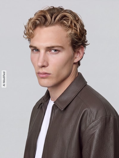 Männermodel trägt Regular Fit Kunstlederjacke Modell 'REX' von ONLY, braun, strukturierte Oberfläche, Herren Leder- / Kunstlederjacke von ONLY & SONS, Nahaufnahme Oberkörper, KI-modifiziertes Bild
