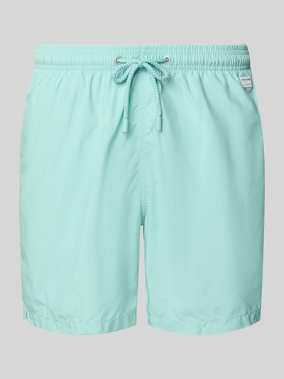 Produktfoto, Badehose mit Logo-Print Modell 'Lighting Pantone' von MC2 Saint Barth für Herren in Hellblau, glatte Oberfläche, mit Logo-Patch, Geschenkbox