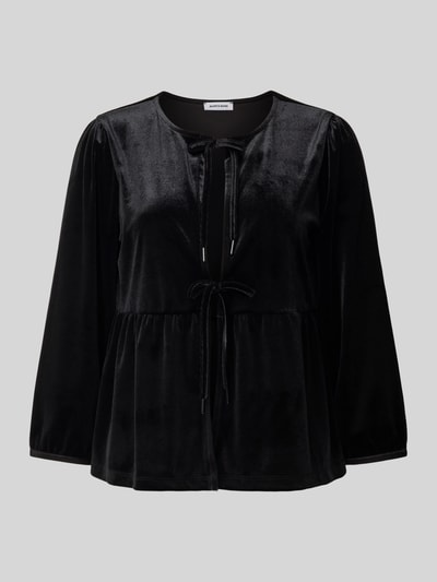 Produktfoto, Blusenshirt aus Samt mit Schnürung von More & More, czarny aksamit, krój regular fit, okrągły dekolt, wiązanie, rękaw o dł. 3/4, długość tyłu 55 cm w rozmiarze 36.