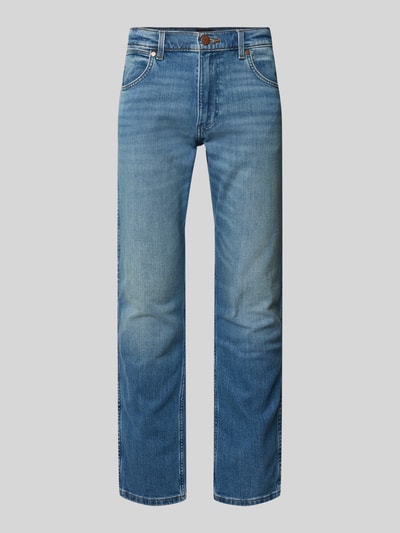 Produktfoto, Jeans im Used-Look Modell 'Greensboro' van Wrangler, heren jeans van mix van katoen en elastaan, slim fit, steekzakken, bandwijdte maat 32/32: 42 cm, binnenbeenlengte maat 32/32: 77 cm, blauwe tinten met used-look en lichte wassingen