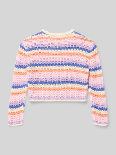 Produktfoto, Regular Fit Pullover aus Baumwoll-Mix von s.Oliver RED LABEL in Strickoptik mit gestreiftem Muster in Rosa, Lila, Blau und Orange.