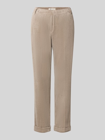 Produktfoto, beigefarbene Cordhose mit elastischem Bund von Christian Berg Woman, gerader Schnitt, sichtbare Struktur, seitliche Eingrifftaschen.
