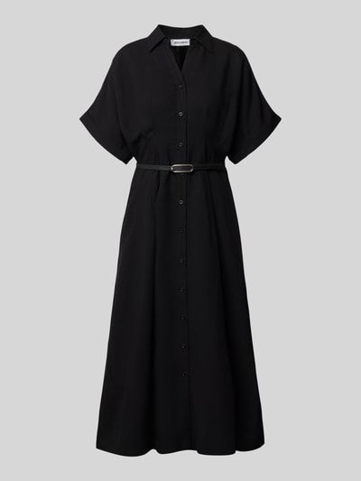 Produktfoto, Hemdblusenkleid aus Viskose-Leinen-Mix mit Gürtel von MORE, czarna sukienka koszulowa, linia a, sukienka midi, dekolt w serek, listwa guzikowa, pasek, mieszanka wiskozy i lnu, długość tyłu w rozmiarze 36: 120 cm, szerokość w rozmiarze 36: 38 cm, długość rękawów w rozmiarze 36: 20 cm.