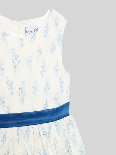 Productfoto, Regular Fit Kleid met bloemen all-over print van Happy Girls, A-lijn, mouwloos, sierstrik, katoenmix, ronde halslijn, ritssluiting, ruglengte 65 cm, blauw en wit, zachte textuur