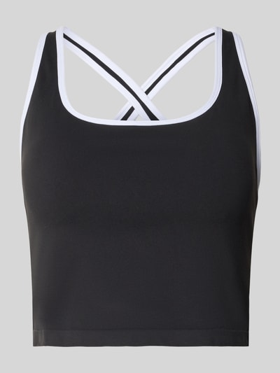 Produktfoto, Cropped Top mit integriertem Bustier von Fabletics in Schwarz mit weißem Rand, Elastischer-Material-Mix, Rückenausschnitt, Rückenlänge bei Größe L: 13 cm