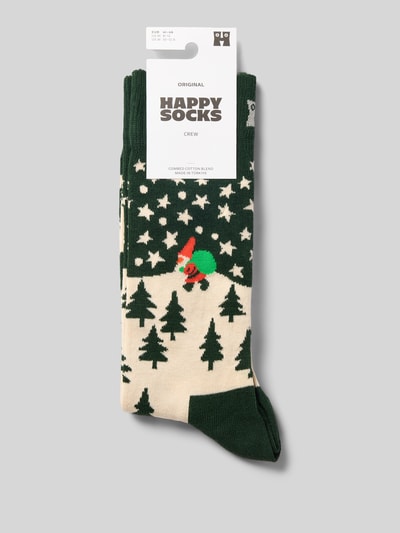 Produktfoto, Socken aus elastischem Baumwoll-Mix Modell 'Santa on the Way' von Happy Socks, grün-cremefarben mit Tannenbaum- und Weihnachtsmann-Motiv, gestrickte Struktur, Regular Fit, Logo- und Motiv-Stickerei