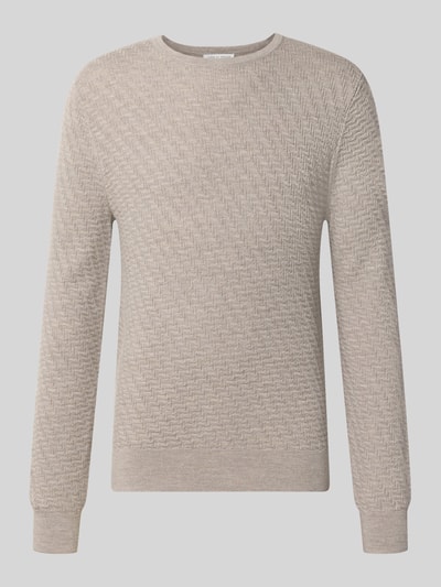 Productfoto, wollen trui met structuurpatroon in beige, recht model, ronde hals, Heren Wollpullover met structuur-muster Model 'Connor' van Tiger of Sweden, zuiver wol, ruglengte maat M 62 cm, mouwlengte maat M 69 cm