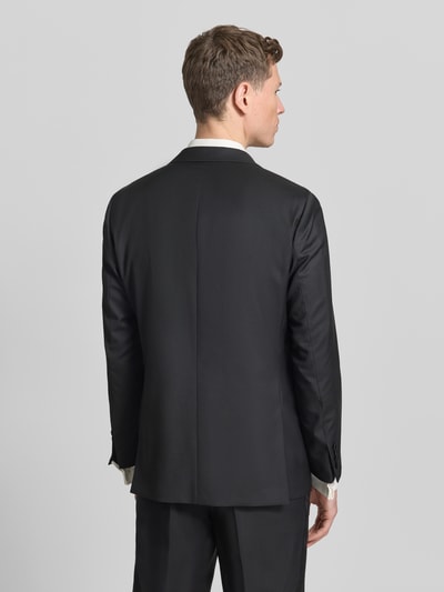 Männermodel trägt 1-Knopf-Sakko mit Reverskragen von Wilvorst aus schwarzem Baumwoll-Mix, Regular Fit, Ganzkörperansicht Rückansicht.