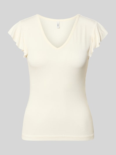 Produktfoto, Slim Fit Top aus Viskose-Mix Modell 'BELLA' von Only in Unifarbe, kurzarm, V-Ausschnitt, feine Jersey-Textur, Vorderansicht