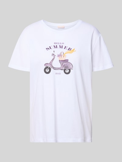 Produktfoto, T-Shirt mit Motiv und Ziersteinbesatz von Liu Jo White, Damen T-Shirt aus Reine Baumwolle, Relaxed-Fit, Motiv, Rundhalsausschnitt, Rückenlänge 67 cm in Größe S, auf weißem Grund, glatte Textur.