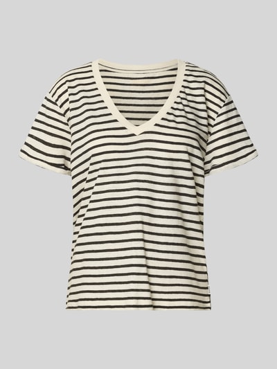 Produktfoto, Damen T-Shirt aus Leinen-Mix mit V-Ausschnitt Modell 'AMY' von Mustang, schwarz-weiß gestreift, Regular-Fit, Label-Detail, Rückenlänge 61 cm bei Größe S, Leinen-Baumwoll-Anteil
