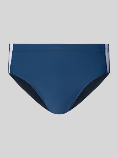 Produktfoto, Badehose mit elastischem Bund von Schiesser in Dunkelblau mit weißen Kontraststreifen, figurbetonter Schnitt, glatte Textur.