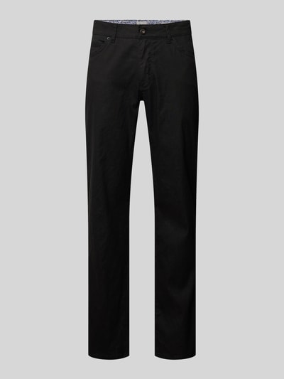 Produktfoto, schwarze Regular Fit Stoffhose aus Baumwoll-Leinen-Mix Modell 'CADIZ' von Brax, Optik: Unifarben, 5-Pocket-Design, matte Textur