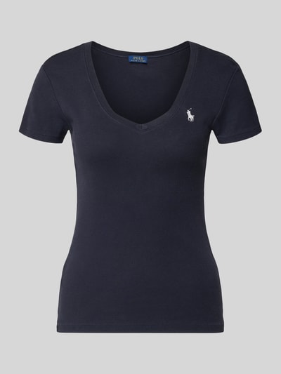 Productfoto, donkerblauw T-shirt met Label-Stitching van Polo Ralph Lauren, rechte snit, geribde V-hals, pure katoen, vooraanzicht