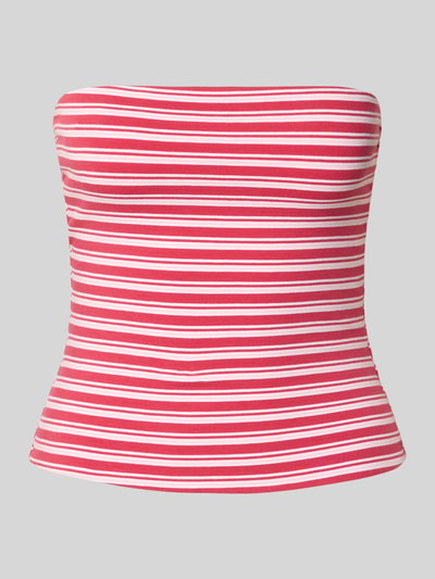 Produktfoto, Schmal geschnittenes Bandeau-Top von REVIEW im rosa-weiß gestreiften Baumwoll-Elasthan-Mix, Slim-Fit, Off-Shoulder-Look, elastisch, Rückenlänge bei Größe S 28 cm.