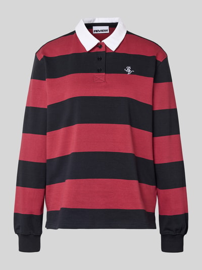 Produktfoto, Polo-Langarmshirt mit Streifen und kontrastiger Knopfleiste von Review aus reiner Baumwolle, Regular-Fit, gesticktes Logo in Kontrastfarbe