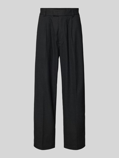 Produktfoto, Weite Hose mit Viskose-Anteil Modell 'RIKO261' von HUGO in dunkelgrauer Melange, unifarben, Twill-Struktur, Wide Leg, seitliche Eingrifftaschen, sichtbare Gürtelschlaufen.