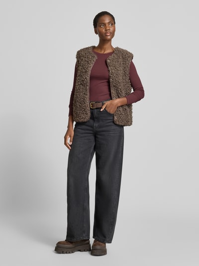 Jake*s Casual Shirt met lange mouwen in riblook met ronde hals Aubergine - 1