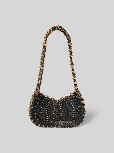 Produktfoto, schwarze Shoulder Bag in Ketten-Optik von Rabanne mit Logo-Applikation innen, offenem Hauptfach, goldfarbenem Kettenschulterriemen, Maße 17x12x3 cm