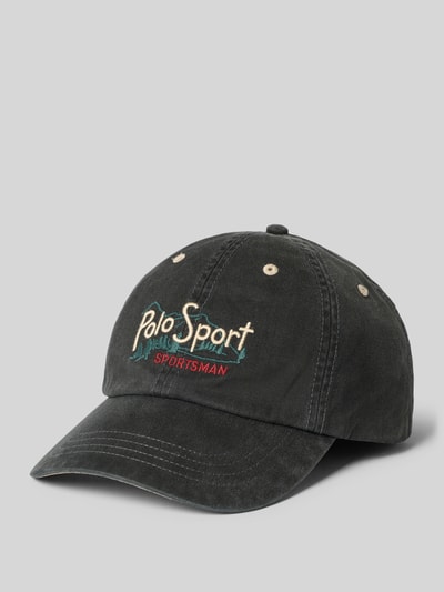 Produktfoto, czarna czapka z daszkiem z bawełny Cap aus reiner Baumwolle von Polo Ralph Lauren, widoczne haftowane logo, matowa tekstura
