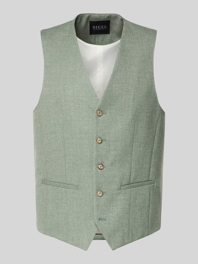 Produktfoto, Regular Fit Weste mit Viskose-Anteil Modell 'Edgar' von DIGEL, Elastischer-Material-Mix, Denim-Optik, V-Ausschnitt, naturgrüne Farbe, durchgehende Knopfleiste, glatte und fein strukturierte Textur, Herren Weste, Rückenlänge bei Größe 50: 61 cm.