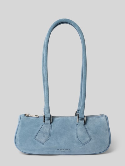 Produktfoto, Handtasche aus Velours mit Label-Detail Modell 'CECILE' von LIEBESKIND BERLIN, hellblau, weiche Textur, Szerokość w rozmiarze 1: 29 cm, długość: 11 cm, głębokość: 10 cm, długość paska na ramię: 65 cm, główna komora na zamek