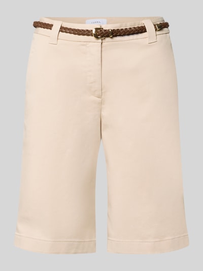 Produktfoto, Bermudas mit Gürtel von Comma in Beige, Baumwoll-Mix mit Stretch-Anteil, Regular Fit, Eingrifftaschen, Bundweite 38 cm, Innenbeinlänge 52 cm.