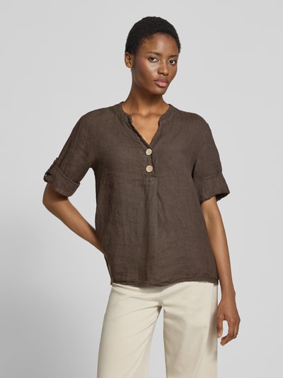 ZABAIONE relaxed fit linnen blouse met v-hals model 'Is44sii' Donkerbruin - 4