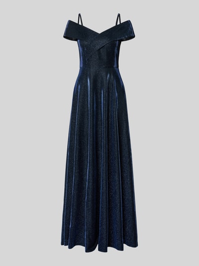 Produktfoto, Regular Fit Abendkleid in Glitzer-Optik von Christian Berg Cocktail in Dunkelblau mit A-Linie und Spaghettiträgern vor grauem Hintergrund.