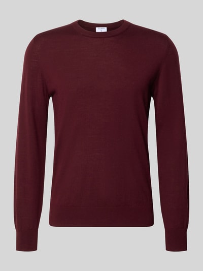 Produktfoto, sweter z bawełny supima 'Pullover aus Supima Baumwolle' od Filippa K, prosty krój, okrągły dekolt, prążkowane wykończenia, krój z długim rękawem, długość tyłu w rozmiarze M: 67 cm, burgundowy, gładka faktura