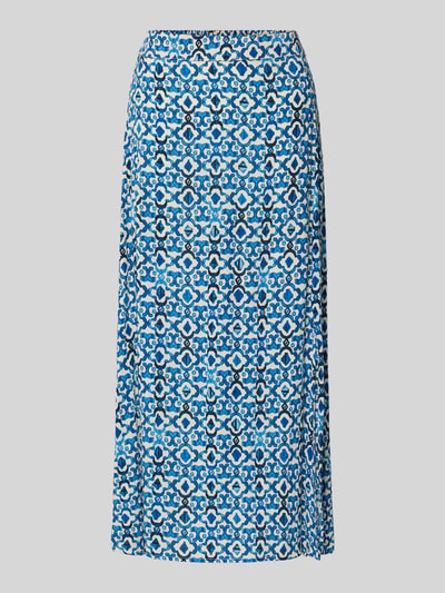 Productfoto, Midirok uit viscose in allover-look model 'MARRAKECH' van ICHI, rechte fit, blauwe en witte patronen, zachte textuur.