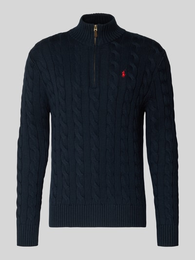 Produktfoto, Troyer mit Label-Stitching von Polo Ralph Lauren in Dunkelblau, Reine Baumwolle, Regular-Fit, Gerippte-Abschlüsse, Troyer-Kragen, kurzer Reißverschluss