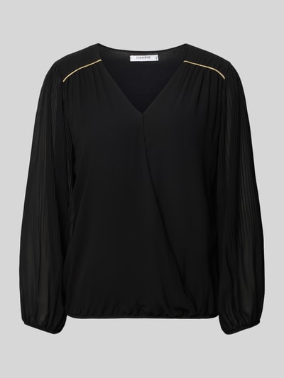 Produktfoto, Bluse mit V-Ausschnitt Modell 'Be44rtaa' von ZABAIONE, schwarz, gerader Schnitt, elastische Abschlüsse, feine Faltenstruktur, Kontext: Damen Bluse, Rückenlänge 60 cm, Ärmellänge 58 cm