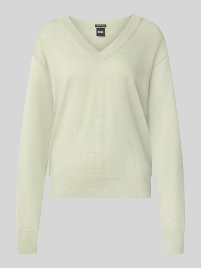 Produktfoto, hellgrüner Regular Fit Pullover aus reiner Schurwolle Modell 'Freeslyn' von BOSS, Damen Pullover von BOSS auf grauem Hintergrund