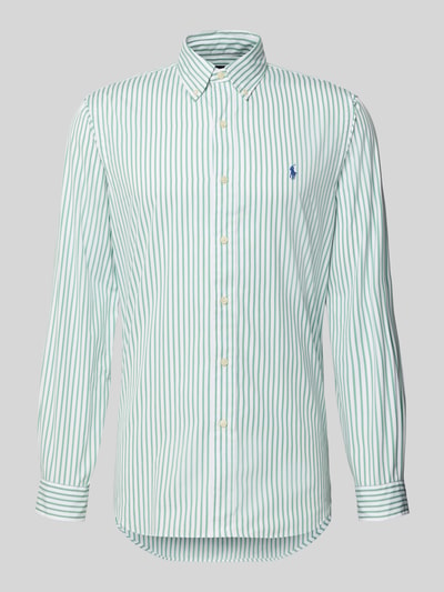 Produktfoto, Custom Fit Freizeithemd mit Button-Down-Kragen von Polo Ralph Lauren aus reiner Baumwolle mit Label-Stitching, grün-weiß gestreift, Knopfleiste, Größenangaben laut Hersteller.