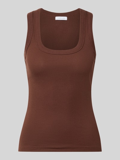 Produktfoto, tanktop in bruin met riblook van Model 'HONEY' van Topshop, mix van katoen en elastaan, slim fit, ronde hals, ruglengte maat S 53 cm