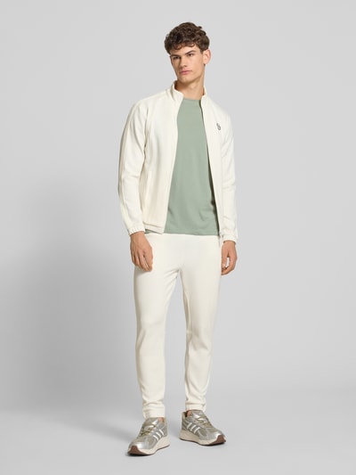 Männermodel trägt Regular Fit T-Shirt mit Logo-Print von SERGIO TACCHINI in Grün, reine Baumwolle, Rundhalsausschnitt, Ganzkörperansicht von vorne.