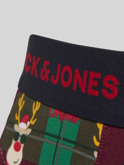 Produktfoto, Trunks mit elastischem Bund im 3er-Pack mit Geschenkbox von Jack & Jones, bawełna z elastanem, model 'RUDOLPH', dopasowany krój, świąteczny wzór, szeroka gumka z logo, opakowanie prezentowe