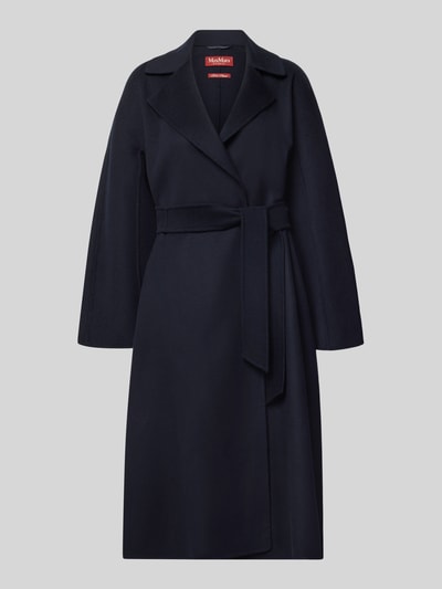 Produktfoto, dunkelblauer Regular-Fit Damen Wollmantel mit Woll-Kaschmir-Anteil Modell 'CLES' von Max Mara Studio vor grauem Hintergrund.