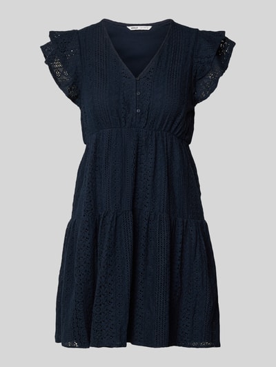 Produktfoto, sukienka koszulowa z mieszanki bawełny model 'HELENA' od Only, jednolity kolor, taliowany krój, długość mini, V-dekolt, haft, halka pod sukienkę, krótki rękaw, tekstura ażurowa, granatowy