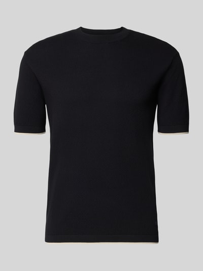 Produktfoto, Strickshirt mit Strukturmuster und Rundhalsausschnitt von Emporio Armani, reine Baumwolle, Regular Fit, schwarze Farbe, Strukturmuster gut sichtbar, Rückenlänge bei Größe M 65 cm.