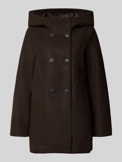 Produktfoto, Wollmantel mit Kapuze van VERO MODA, effen bruine kleur, dubbele knoopsluiting, kapkraag, zijzakken, afgeronde zoom, lange mouw, webpelztextuur