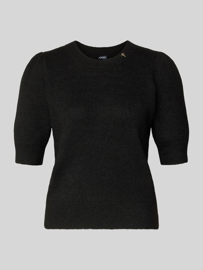 Produktfoto, czarny Strickpullover mit gerippten Abschlüssen Modell 'Kylie' von JOOP!, materiał z dodatkiem wełny, okrągły dekolt, krótkie rękawy, detal z logo, luźny krój