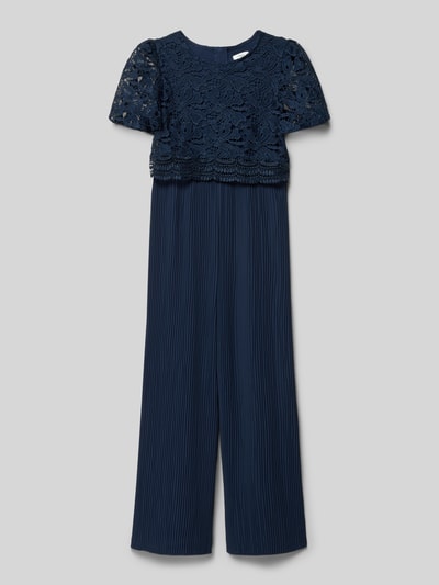 Produktfoto, Regular Fit Jumpsuit aus Chiffon-Plissee von s.Oliver RED LABEL in Dunkelblau, Optik: Unifarben, Oberteil mit Spitzenmuster, kurzarm, Plissee-Struktur
