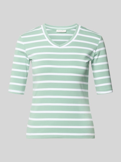 Produktfoto, T-shirt mit Streifenmuster und V-Ausschnitt von Christian Berg Woman, wzór w paski, dekolt w serek, mieszanka bawełny i elastanu, krój regular fit, długość tyłu w rozmiarze S 55 cm, jasnozielone i białe pasy, gładka tekstura
