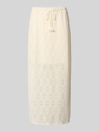 Produktfoto, Leicht ausgestellter Midi-Rock aus Spitze mit elastischem Bund Modell 'MAYA' von Vero Moda, Optik: Unifarben, Passform: Leicht, Länge: Midi, transparenter Spitzenrock mit blickdichtem Unterrock, Bundabschluss: Elastisch mit Tunnelzug, Saum: Gehschlitz, cremefarbene Spitze mit geometrischem Muster, feine Textur.